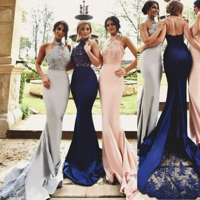 Mermaid Bridesmaid Dresses Halter with Lace Appliques