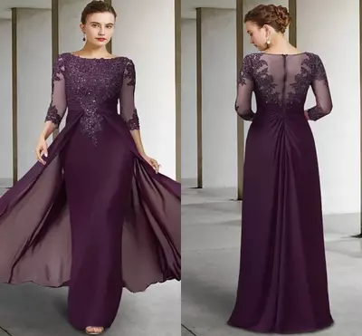 Purple Vintage Purple Mother of Bride/Groom Dress Jewel Sequin Appliques Sleeves Godmother Wedding Party Gowns Robe De Soiree