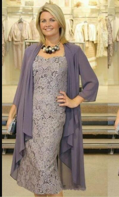 Tea Length Plus Size Mother Of The Bride Dresses With Chiffon Jacket 3/4 Sleeves Spaghetti Lace Special Occasion Dress