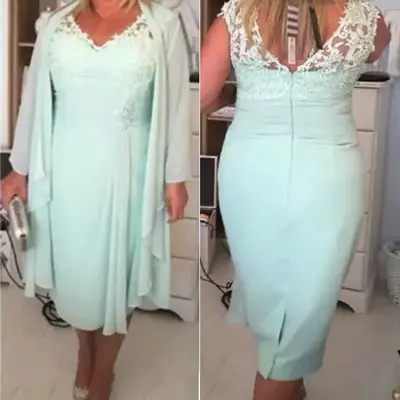 Mint Green V Neck Fitted Mother of the Bride Dresses with Jacket Plus Size Chiffon and Lace Short Evening Gowns Tea Length