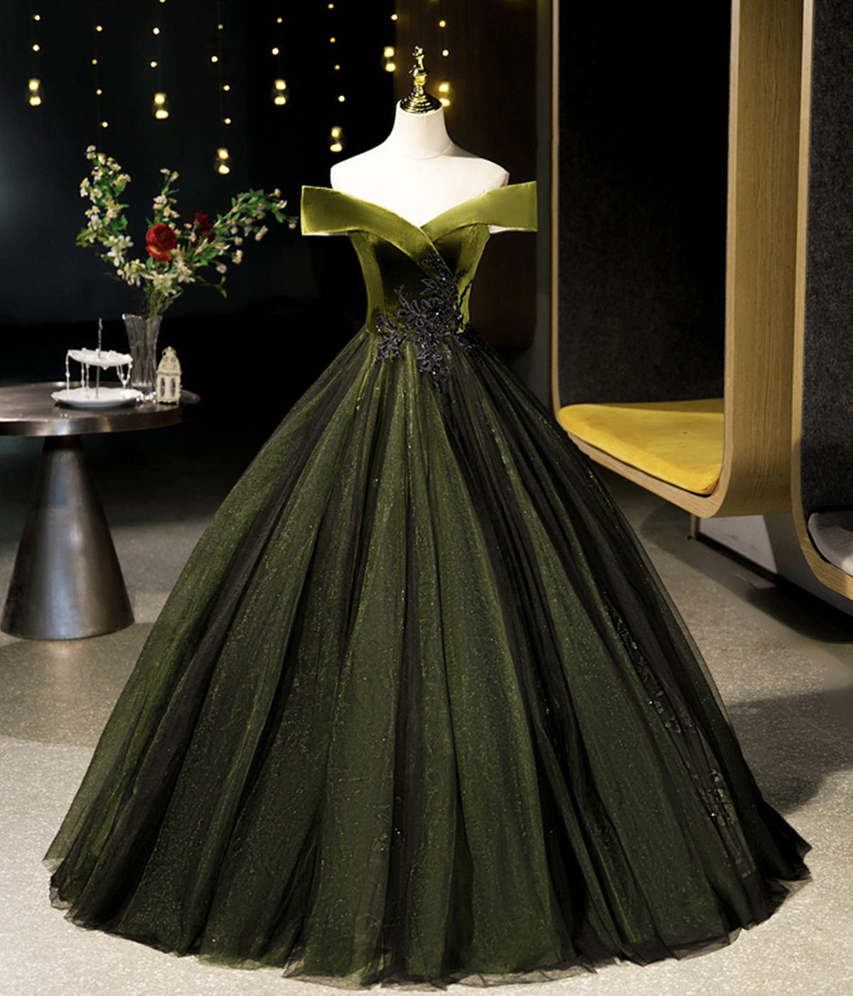 Green Velvet Tulle Long Prom Dress, Green Off Shoulder Evening Dress