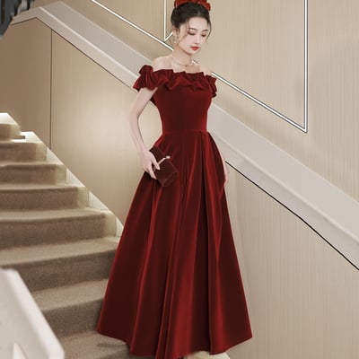 Burgundy velvet tea length prom dress, cute evening dress party dress - Thumbnail 2