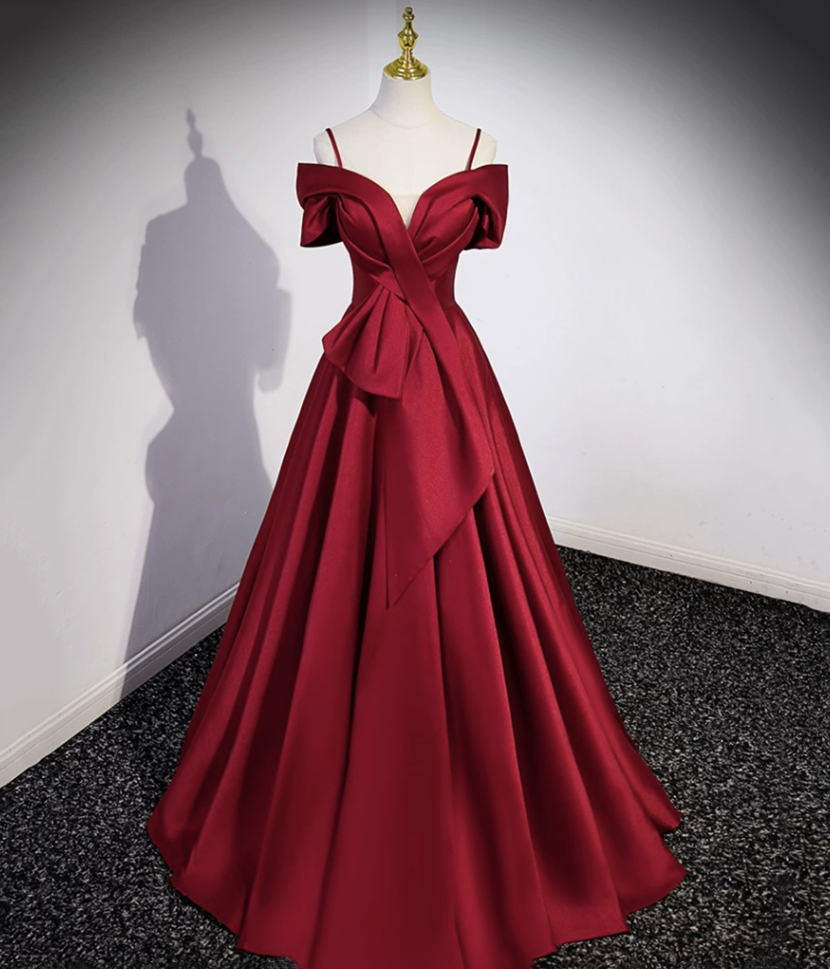 Burgundy Satin Off Shoulder Prom Dress, Burgundy V-Neck Evening Party Dress
