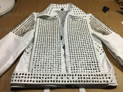 New Women's White Silver Spiked Studded Punk Cowhide Biker Leather Jacket