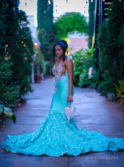 Blue Mermaid African Beading Crytals Prom Dress Black Grils Lace Evening Dress