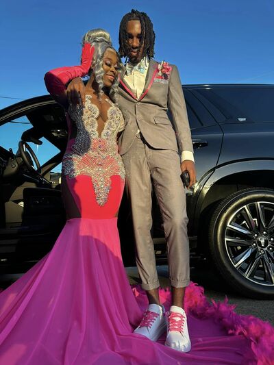 Hot Pink Fuchsia Mermaid African Beading Crystals Prom Dress Black Grils Evening Dress