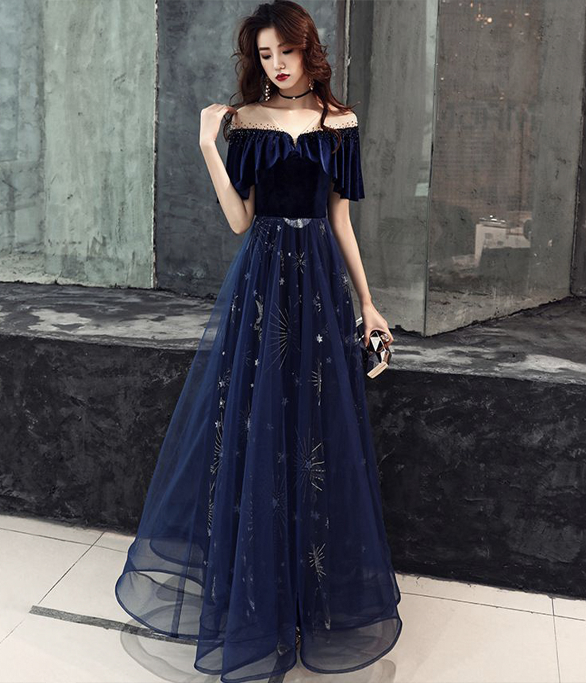 Elegant Velvet Tulle Long Formal Dress, Navy Blue Party Dress