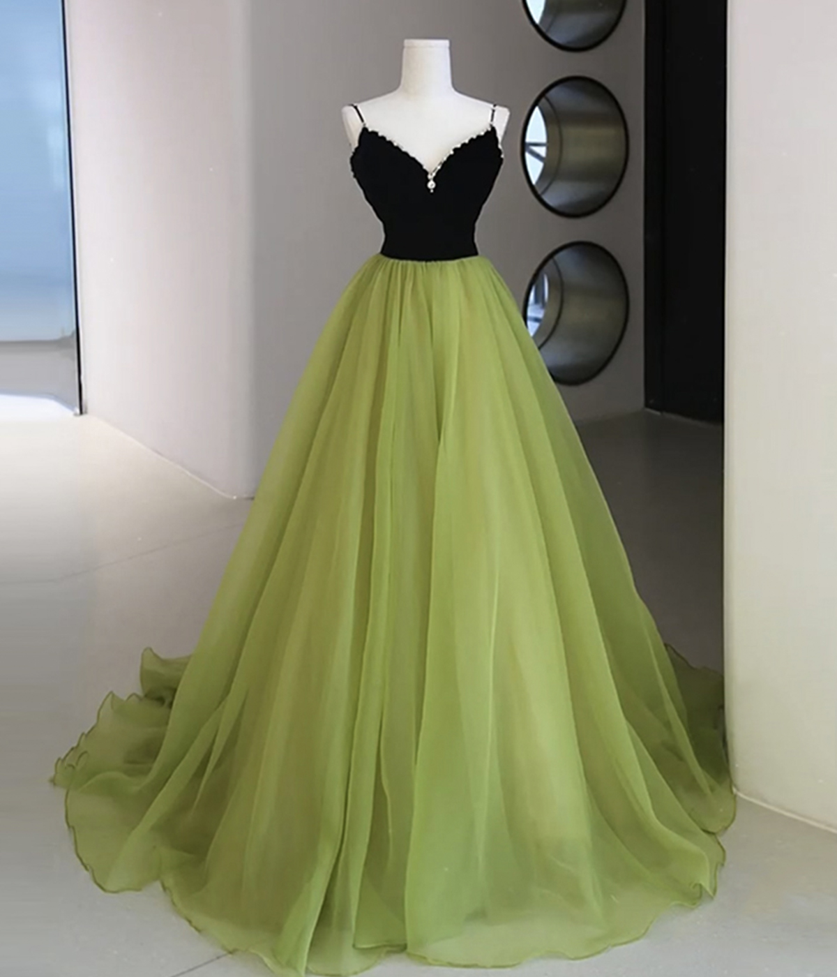 Black and Green Tulle Long Prom Dress, Green V-Neck Evening Dress