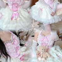 Lovely Girl Maid Balletcore Coquette Lace Hearts Black Pink Strap Tulle Dress - Thumbnail 1