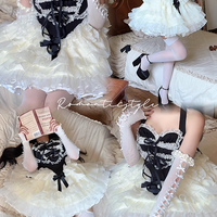 Lovely Girl Maid Balletcore Coquette Lace Hearts Black Pink Strap Tulle Dress - Thumbnail 3