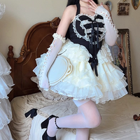 Lovely Girl Maid Balletcore Coquette Lace Hearts Black Pink Strap Tulle Dress - Thumbnail 6
