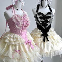 Lovely Girl Maid Balletcore Coquette Lace Hearts Black Pink Strap Tulle Dress - Thumbnail 4