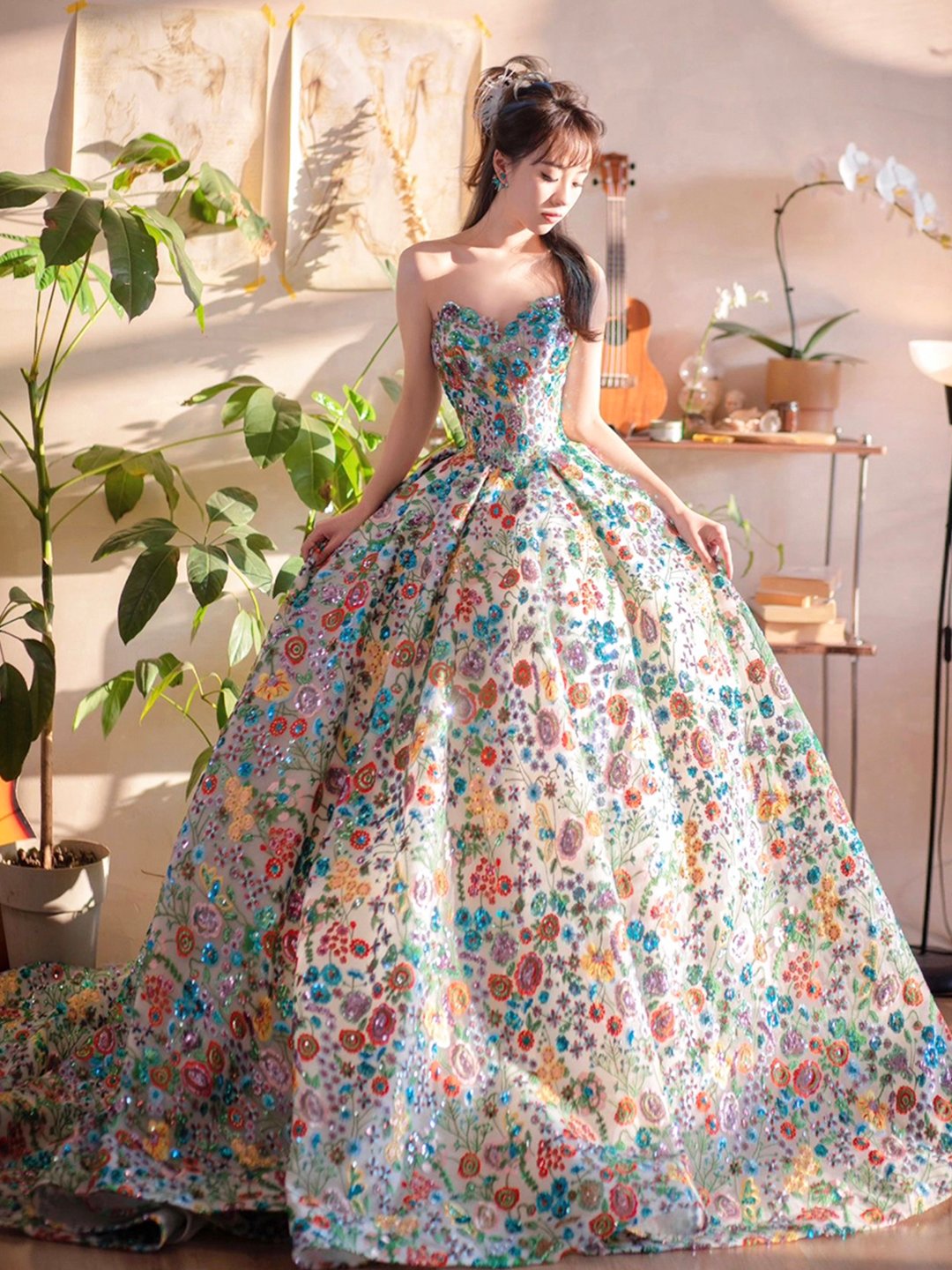Beautiful Floral Sequins Long Prom Dress, A-Line Evening Party Dress