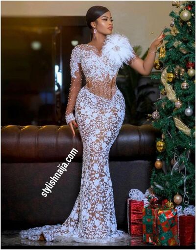 Simple Long Sleeve Lace Feathers African Wedding Dress Bridal Dress