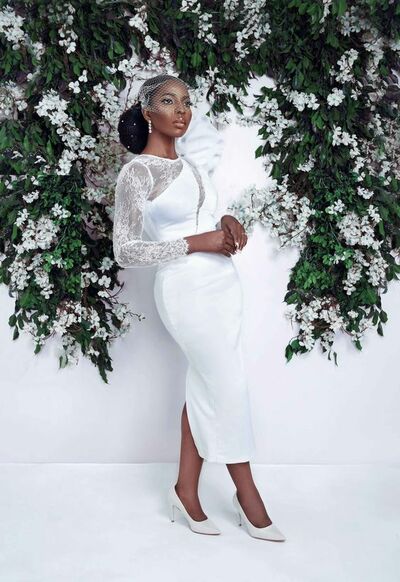 Simple Lace Long Sleeve Tea-length African Wedding Dress Bridal Dress