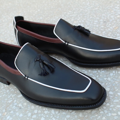 Classic handmade black with white lining tassel loafers shoes  - Thumbnail 5