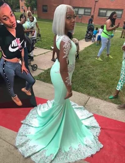 Light Green Sheath Lace Applques African Prom Dress Evening Dress