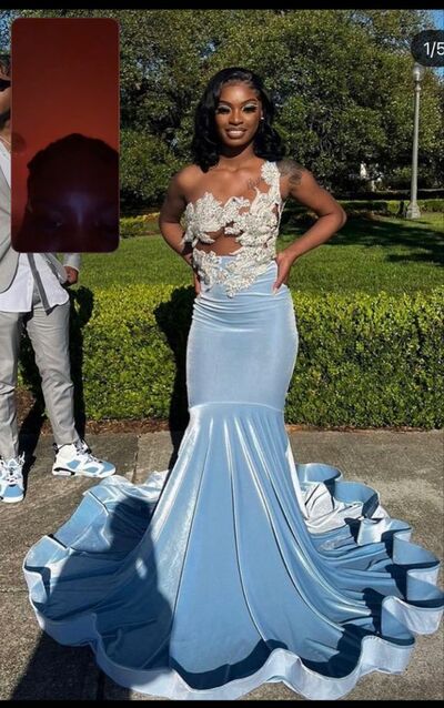 Baby Blue Mermaid Lace Appliques Afrcian Prom Dress Evening Dress