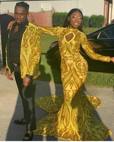 Yellow Sheath Sequins Lace African Prom Dress Evening Dress