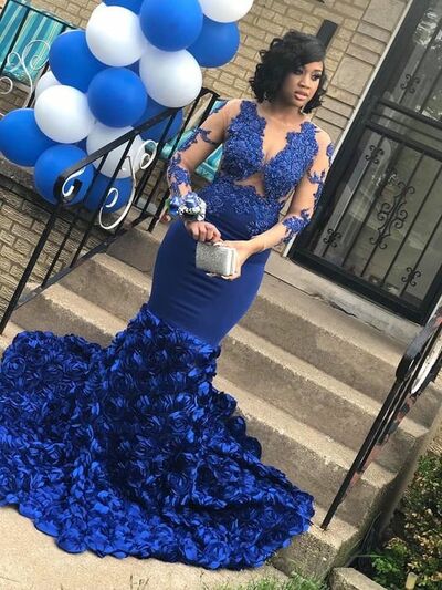 Royal Blue Sheath Lace African Prom Dress Evening Dress