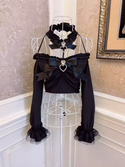 Sweetheart Princess Black White Vintage Coquette Bow Heart Diamond Pearl Lace Bell Sleeves Long Sleeve Shirt Top