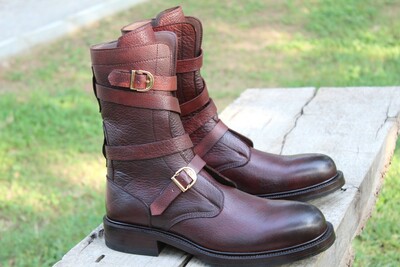 Handmade Burgundy Color Buckle Strap Long Military Ankle High Army Boot