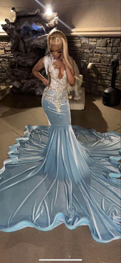 Baby Blue Mermaid Lace Appliques Afrcian Prom Dress Evening Dress