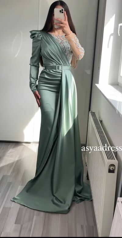 Olive Green Mermaid Lace Appliques Prom Dress Evening Dress
