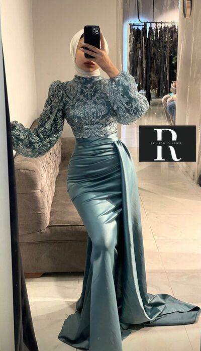 Olive Green Mermaid Lace Appliques Muslim Prom Dress Evening Dress