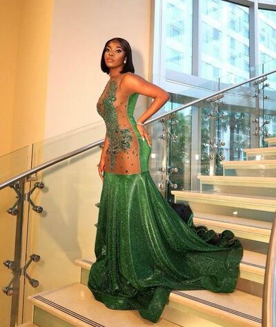 Dark Green Mermaid Beading Lace Appliques Afrcian Prom Dress Evening Dress