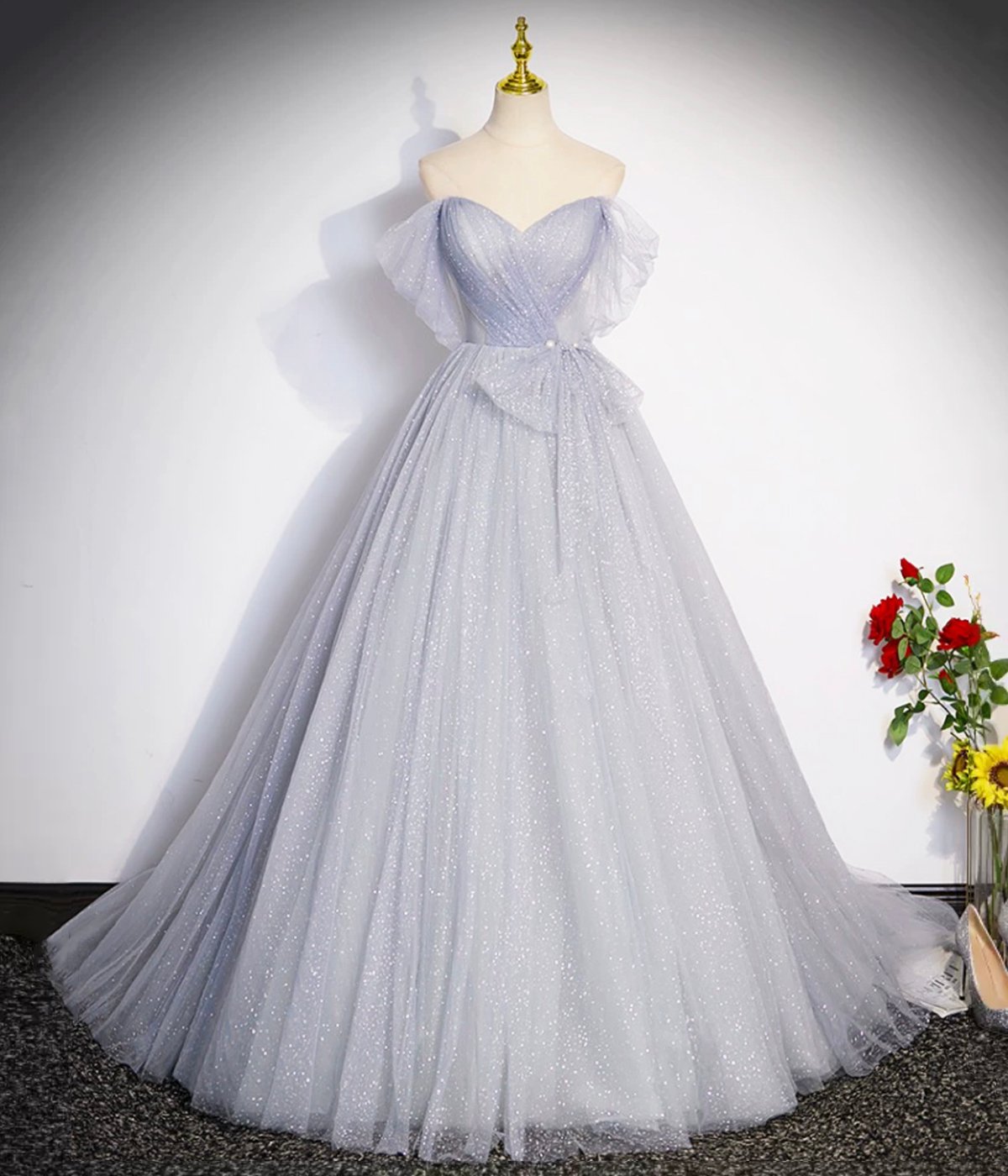 Gray Tulle Long Prom Dress, Off Shoulder Evening Dress Party Dress