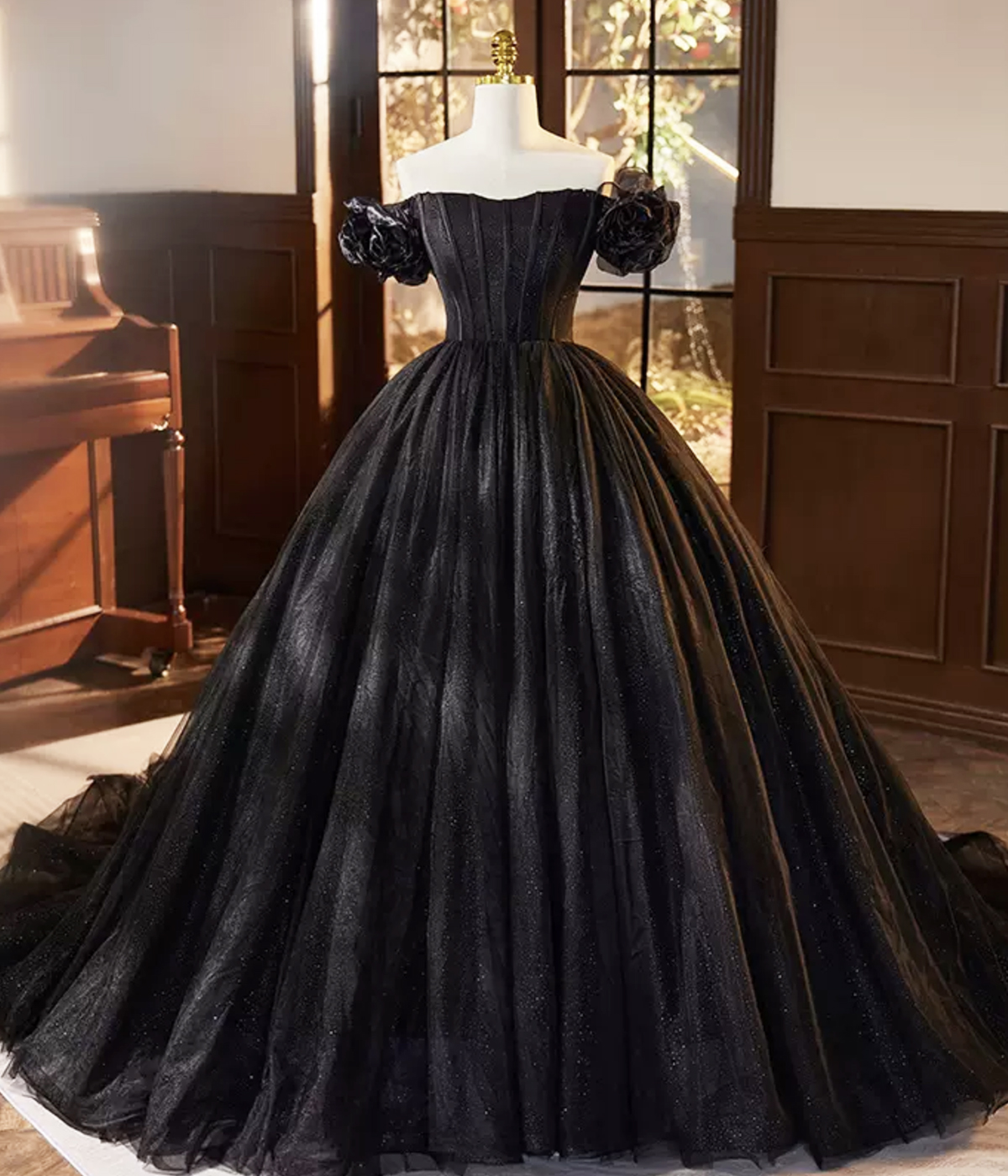 Black Tulle Long Prom Dress, Off Shoulder Black Evening Dress