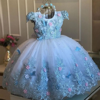 Blue Flower Girl Dresses Pageant Gown with Flowers Lace