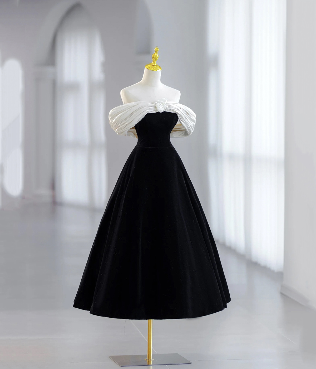 Black Velvet Short Prom Dress, Black Off Shoulder Evening Dress