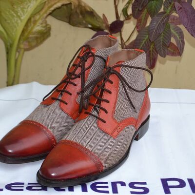 Handmade Brown Leather and Tweed Ankle Chukka Lace up Boot