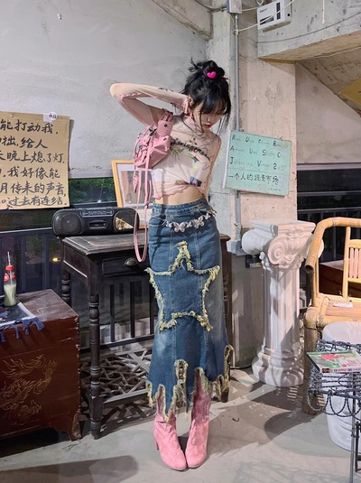 Y2K Sweet Spice Hot Girl Star Retro Vintage Irregular Jeans Denim Skirt