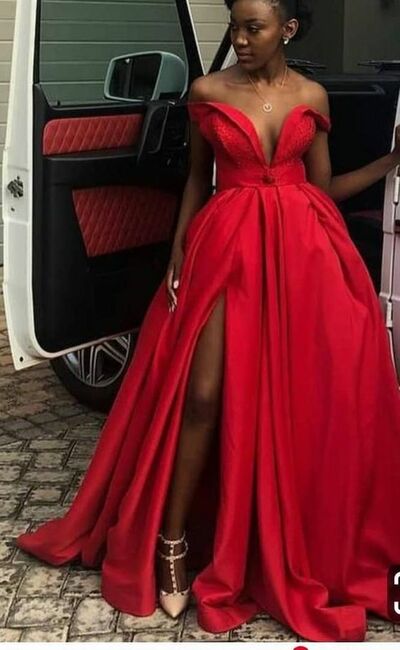 Off Shoulder African Prom Dress Red Satin Evening Dress Form Dress