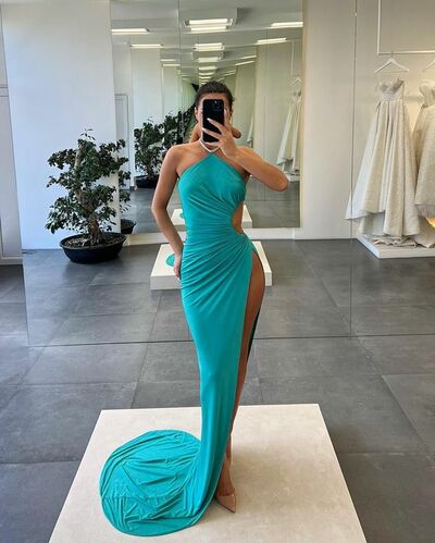Sexy Turquoise Prom Dress Hunter Halter Evening Dress Side Split Form Dress