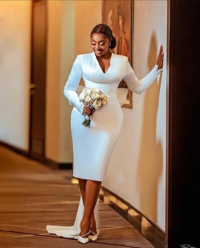 Simple Sheath Long Sleeve Tea-length African Wedding Dress Bridal Gown