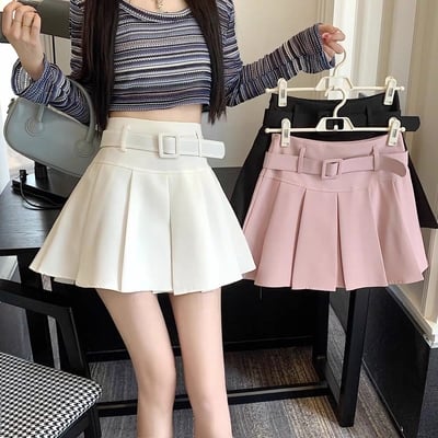 Summer spring girl women white black pink high waist belt pleated skirt - Thumbnail 1