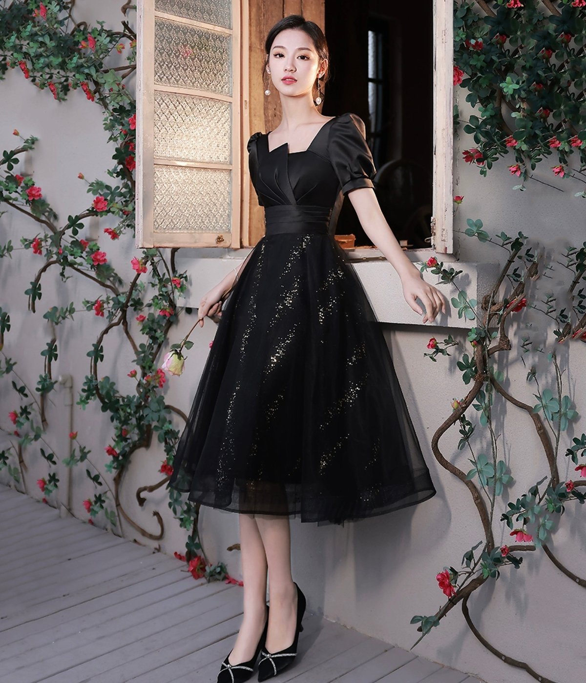 Black Satin Tulle Short Prom Dress, Cute Short Sleeve Party Dress