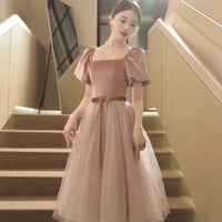 Pink Velvet Tulle Short Prom Dress, Cute A-Line Homecoming Dress - Thumbnail 2