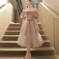 Pink Velvet Tulle Short Prom Dress, Cute A-Line Homecoming Dress - Thumbnail 3