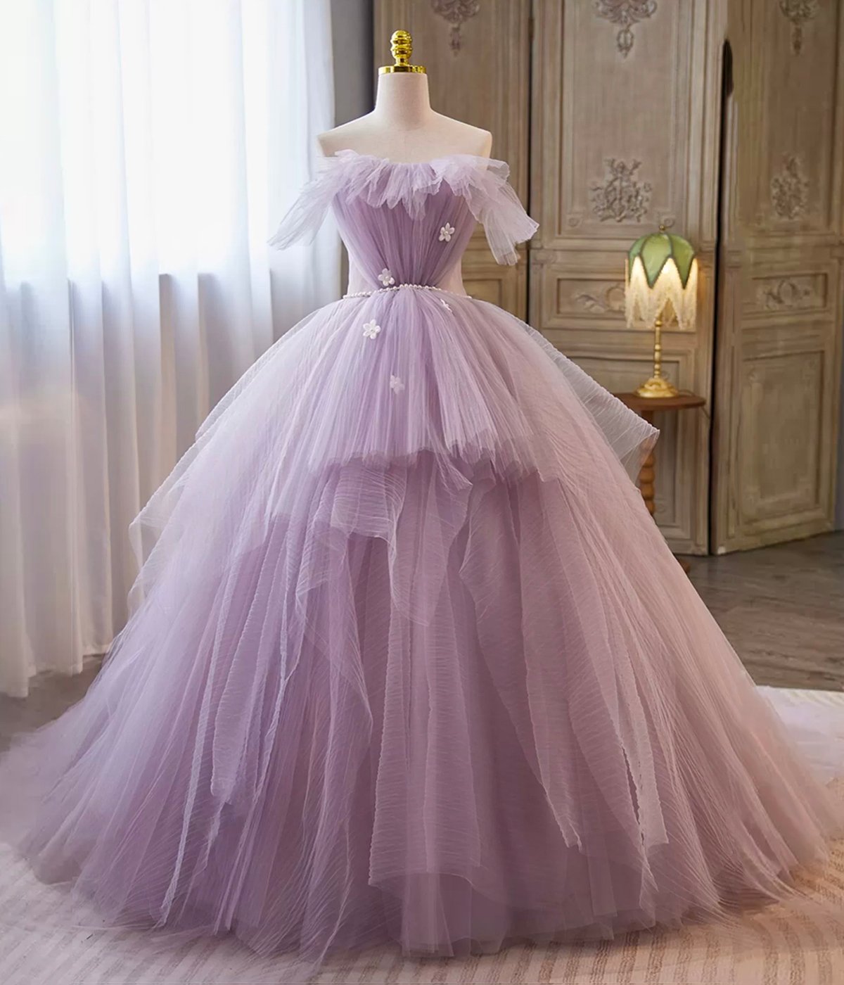 Purple Tulle Long Ball Gown, Purple Off Shoulder Evening Party Dress