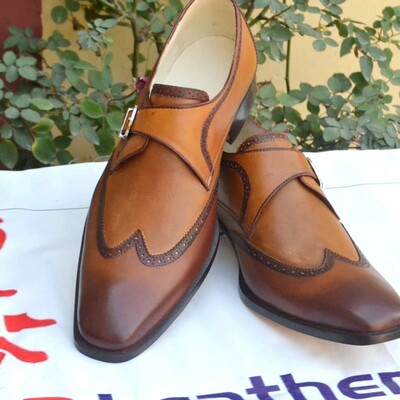 Handmade brown single monk strap wingtip loafers shoes - Thumbnail 5