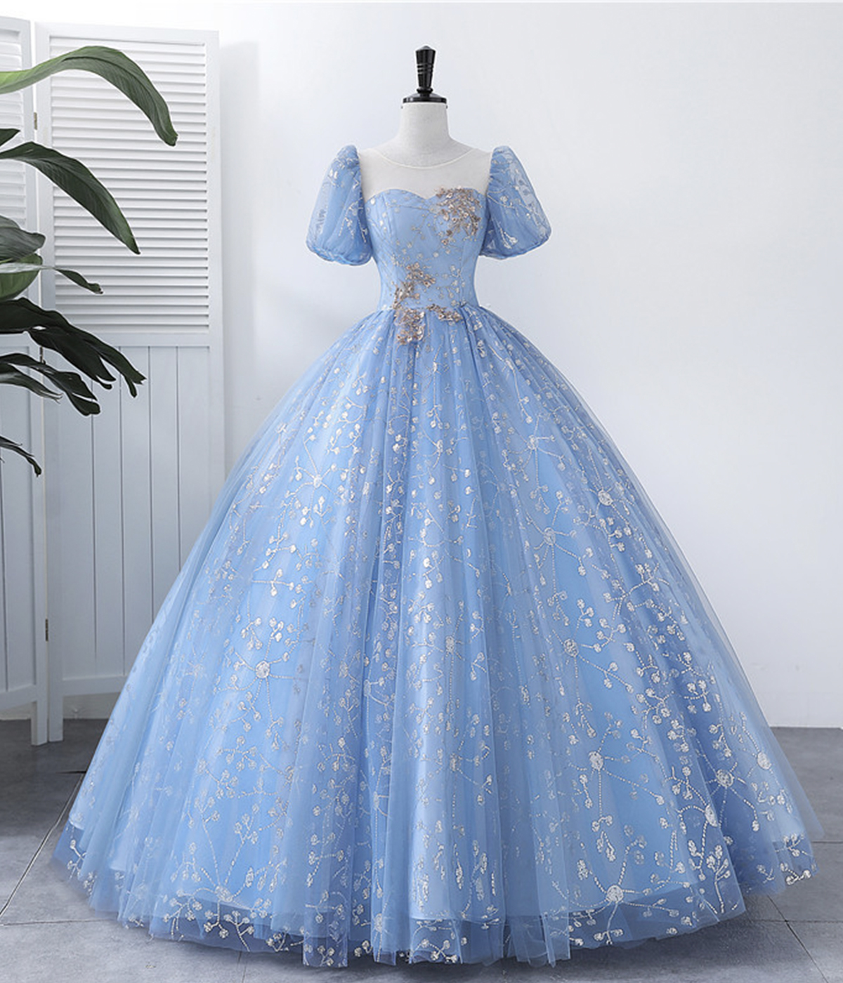 Blue Tulle Sequins Long Formal Gown, Beautiful Spoon Neckline Short Sleeve Princess Dress