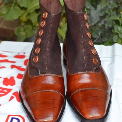 Two Tone Men Brown and Crocodile Texture Contrast Leather Button Ankle Dress Boot