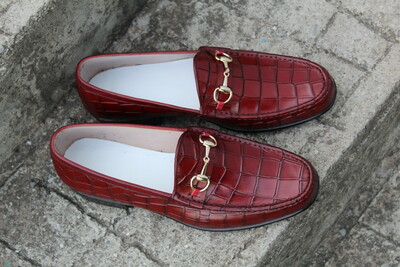 Custom Made Burgundy Color Crocodile Texture Horse bit Loafers Dress Shoes