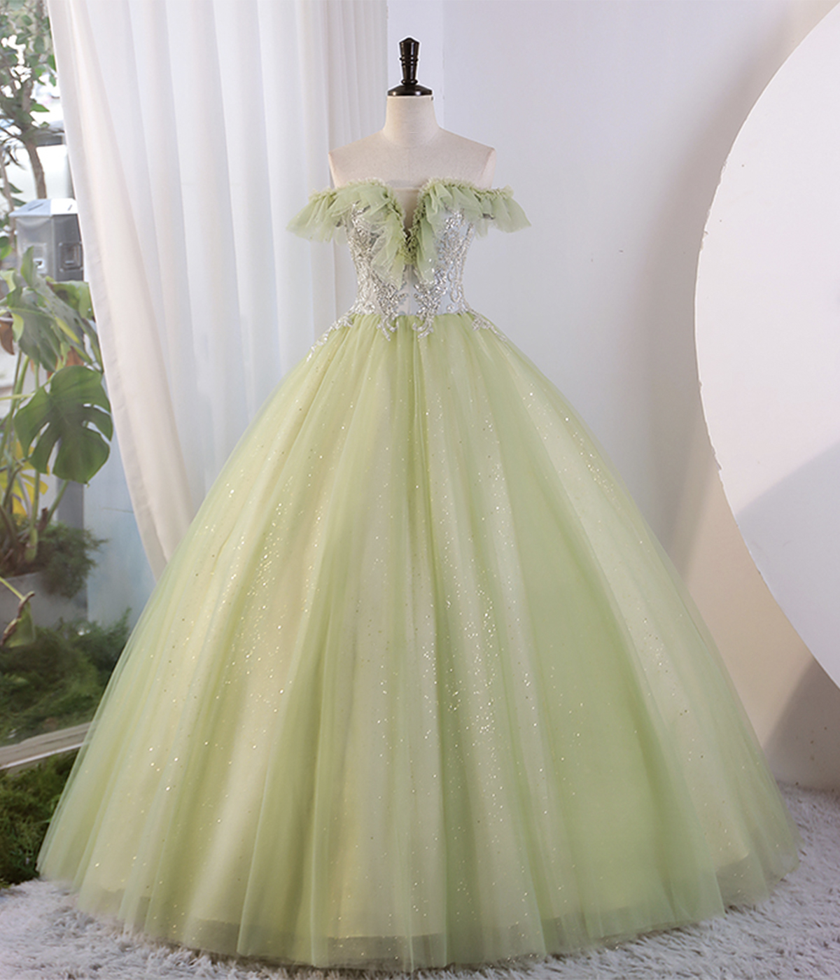 Green Tulle Floor Length Prom Dress, Off Shoulder Evening Party Dress