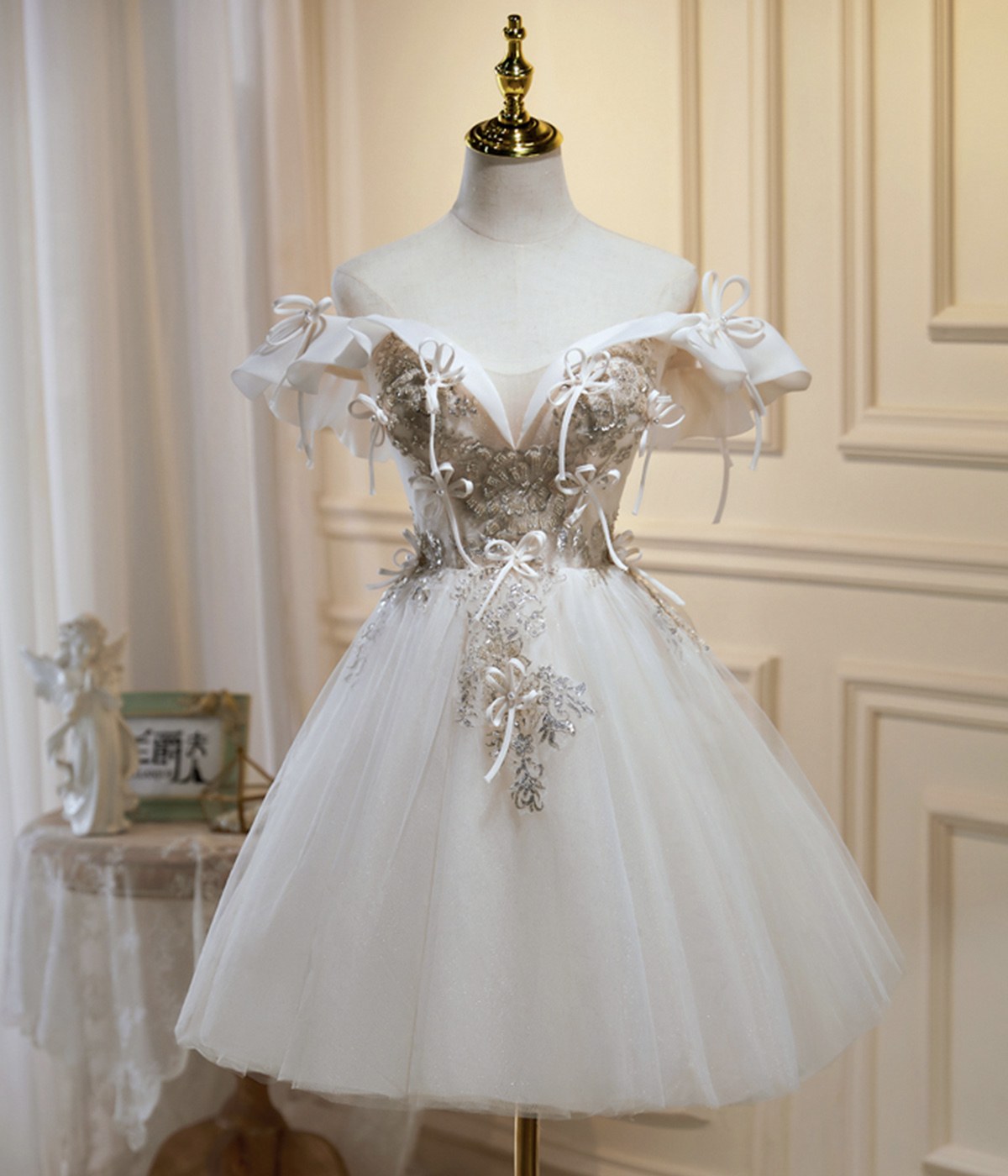 Champagne Tulle Lace Knee Length Prom Dress, Champagne Off Shoulder Evening Party Dress